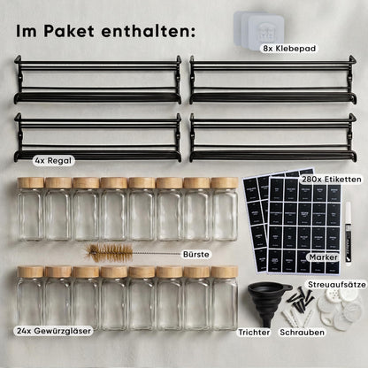 Deco haus Gewürzregal Wand ohne Bohren, 4er Set mit 24 Gewürzgläsern