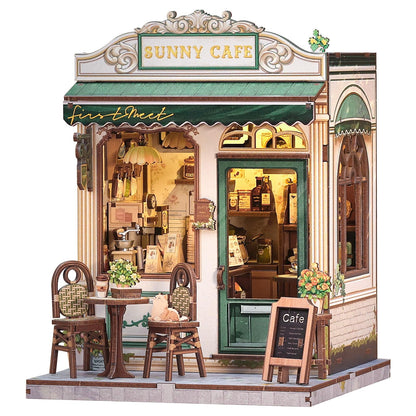 CUTEBEE Book Nook Kit Sunny Cafe, 3D Holzpuzzle Miniaturhaus Bausatz, Miniatur-Café aus Holz mit Acrylhaube