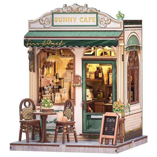 CUTEBEE Book Nook Kit Sunny Cafe, 3D Holzpuzzle Miniaturhaus Bausatz, Miniatur-Café aus Holz mit Acrylhaube