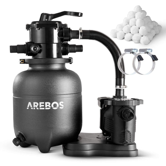 Arebos Sandfilteranlage Poolfilter - 9500 L/h inkl. Filterbälle. Blauer Filtertank reinigt Poolwasser mittels Filterbällen.