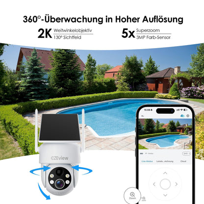CZEview Überwachungskamera Aussen WLAN Akku Solar 2K 360° PTZ