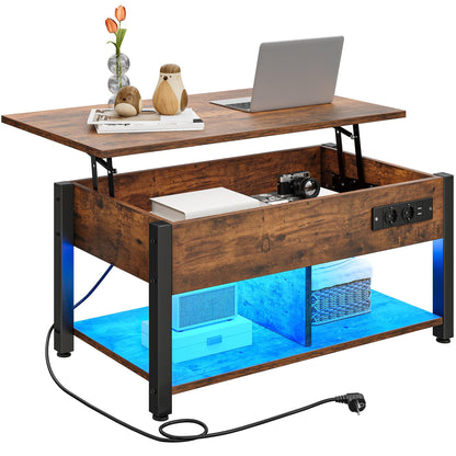 YITAHOME Anhebbarer Couchtisch LED Stauraum Vintage-Braun
