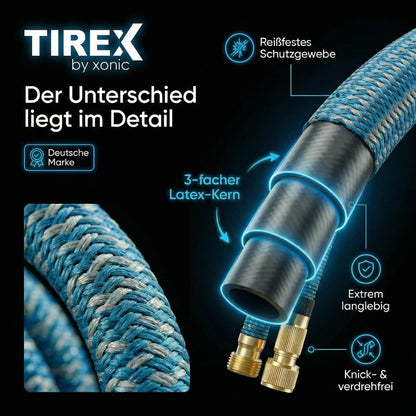 Xonic TIREX Flexibler Gartenschlauch 15 m mit 10 Strahlarten, Blau
