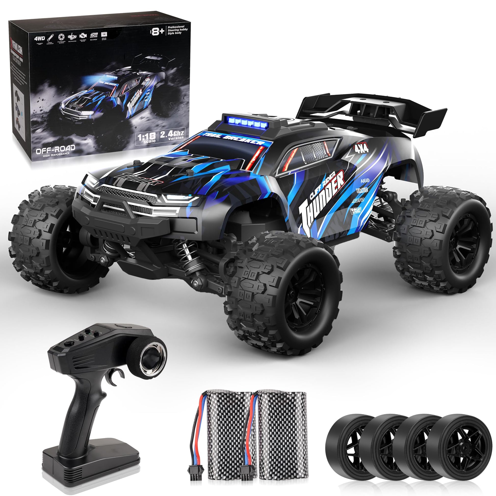 BAZADER RC Auto 1:18 ferngesteuert, 4WD Offroad, 40 km/h, 2 Akkus mit PVC-Karosserie und Stollenreifen