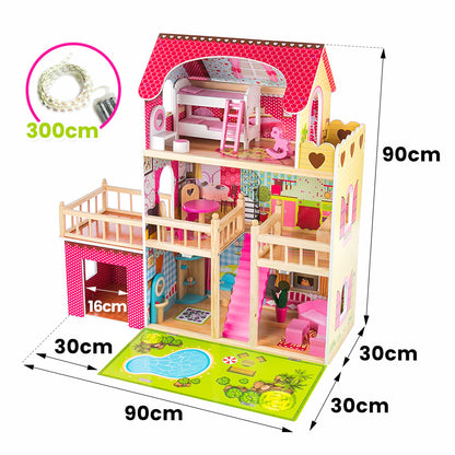 Kinderplay Puppenhaus Holz Villa 3 Etagen – Gross LED 90cm