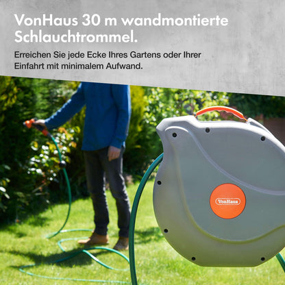 VonHaus Schlauchtrommel 30 m, automatischer Wand-Schlauchaufroller