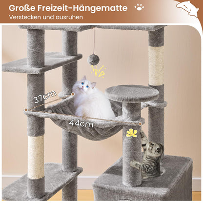 MSmask Kratzbaum 173 cm, 2 Plattformen, 2 Höhlen, Hängematte, hellgrau