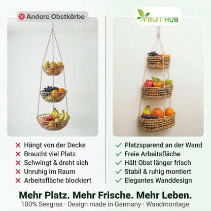 FRUIT HUB Obstkorb hängend aus Seegras – Hängekorb mit 3 Etagen