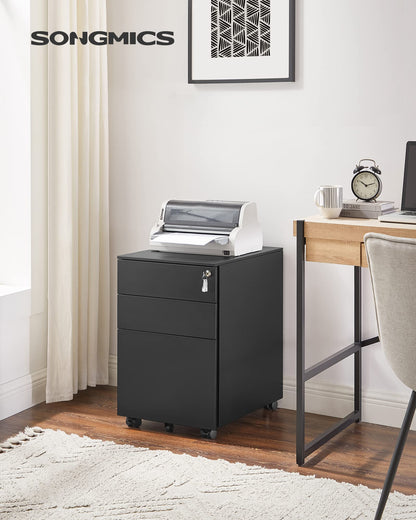 SONGMICS Rollcontainer OFC60BK – 3 Schubladen, Schwarz, abschliessbar