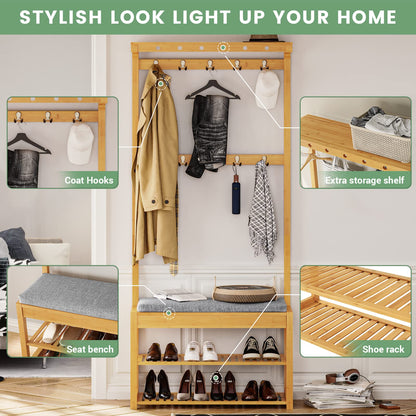 VIAGDO Garderobenständer mit Sitzbank Flurregal – Bambus