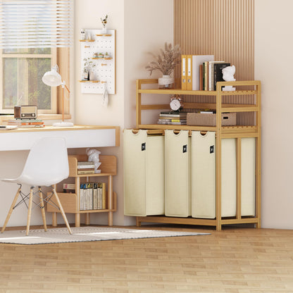 AdelDream Wäschesortierer 150 l mit 3 Fächern, Bambusrahmen, Beige