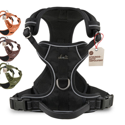 FREUDENTIER Hundegeschirr Clyde Black Edition mit Griff, Schwarz, M, atmungsaktives Mesh