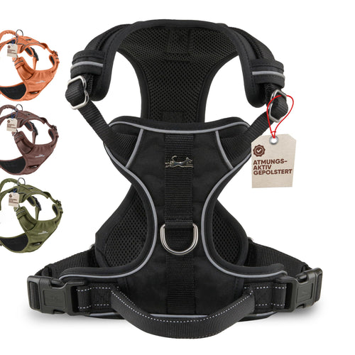 FREUDENTIER Hundegeschirr Clyde Black Edition mit Griff, Schwarz, M, atmungsaktives Mesh