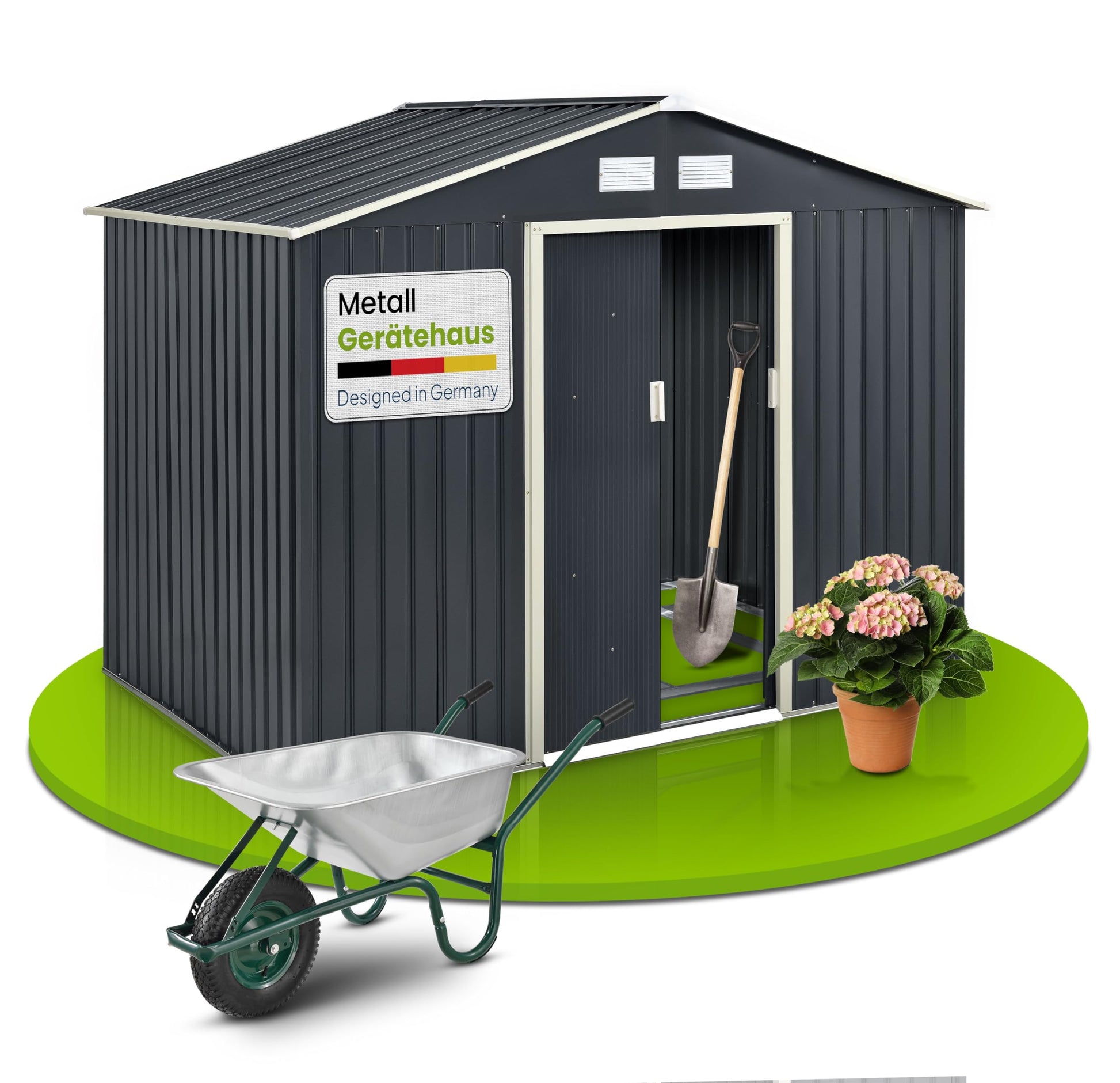 Juskys Metall Gerätehaus XL 9m³ – 277x191x192cm anthrazit. Rechteckiges Gerätehaus zur Aufbewahrung von Gartengeräten.