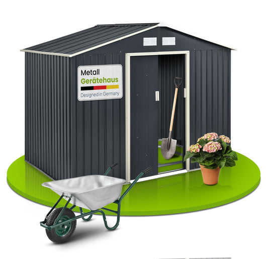 Juskys Metall Gerätehaus XL 9m³ – 277x191x192cm anthrazit. Rechteckiges Gerätehaus zur Aufbewahrung von Gartengeräten.