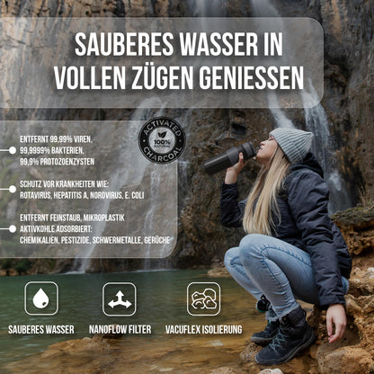 SURVIVO Wasserfilter Trinkflasche Outdoor - Edelstahl 660ml