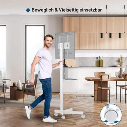 BONTEC Mobiler TV Ständer auf Rollen für 23-60 Zoll bis 25 kg, weiss