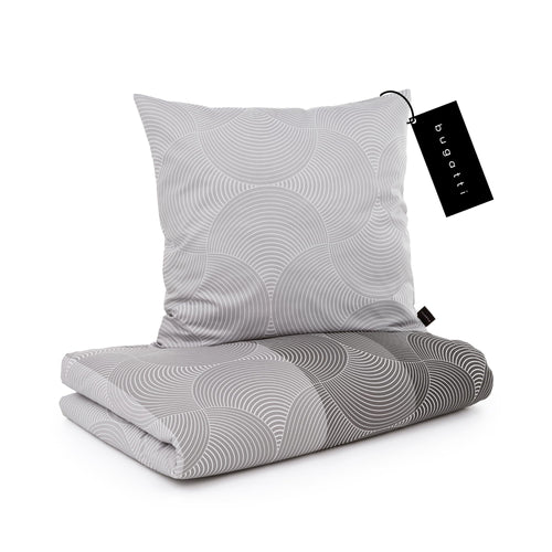 bugatti Mako Satin Bettwäsche Kreise Grafisch Grau - 135x200 cm. Rechteckiger Bezug in Grau mit grafischem Kreis-Muster aus Mako-Satin. Zum Bettenbeziehen.
