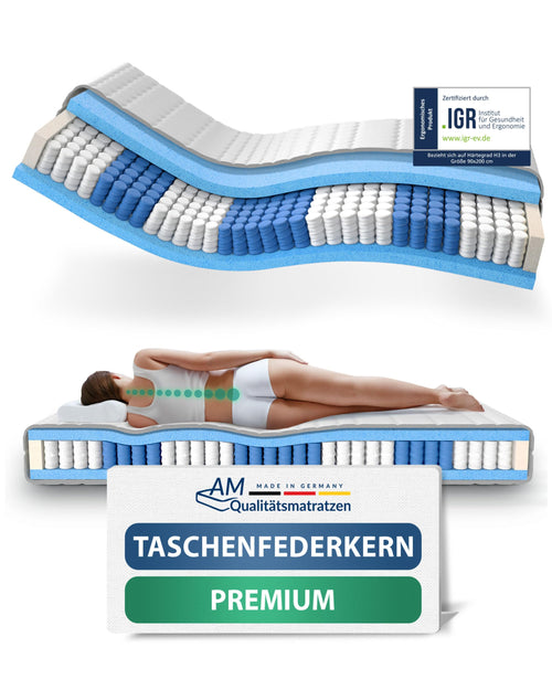 AM Qualitätsmatratzen Premium Taschenfederkernmatratze 90x200 H3. Rechteckige, weiße Matratze. Bietet ergonomische Unterstützung für gesunden Schlaf.
