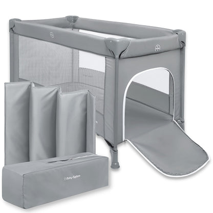 Moby-System Baby Reisebett 128x68 cm, faltbar mit Matratze, grau – mit Netzfenstern und Seitenausgang