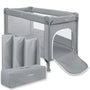 Moby-System Baby Reisebett 128x68 cm, faltbar mit Matratze, grau – mit Netzfenstern und Seitenausgang