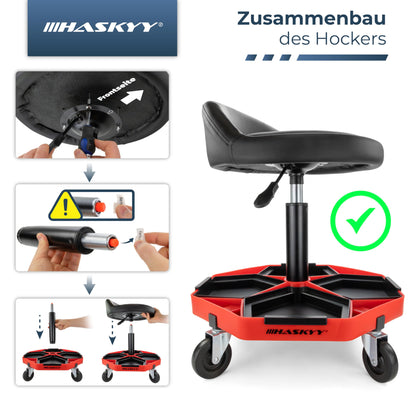 HASKYY Werkstatthocker Rollhocker – Rückenlehne, höhenverstellbar