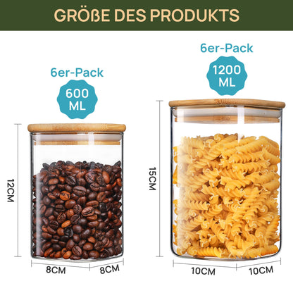 Vtopmart Vorratsgläser Set mit Bambusdeckel, 12-teilig, 600/1200 ml