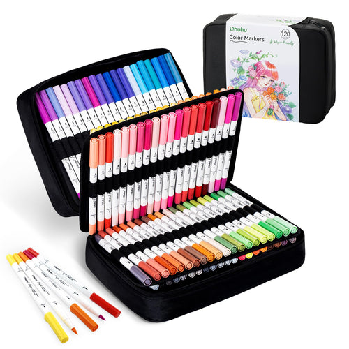 Ohuhu Filzstifte Set 120 Farben, doppelspitzig, auf Wasserbasis – Marker mit Fein- und Pinselspitze