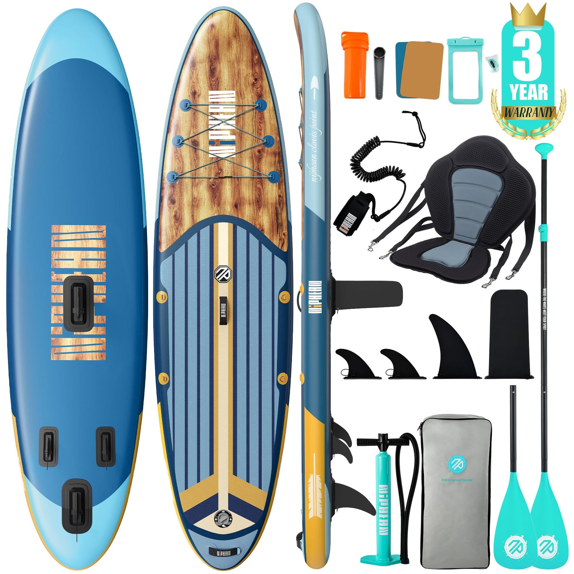 Niphean SUP Board 320 cm, aufblasbares Paddle Board mit Sitz, 200 kg – mit Paddel und Finnen