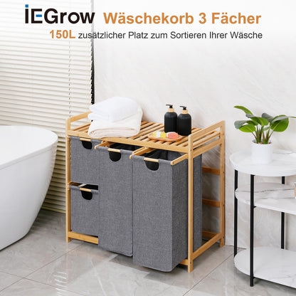 iEGrow Wäschewagen 4 Fächer 150L Grau – Bambus Ablage