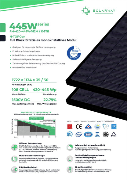 Solarway 445W Solarpanel Full Black bifazial Glas/Glas n-type