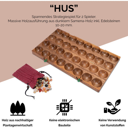 LOGOPLAY Hus Mancala Steinchenspiel aus Samena-Holz mit Edelsteinen