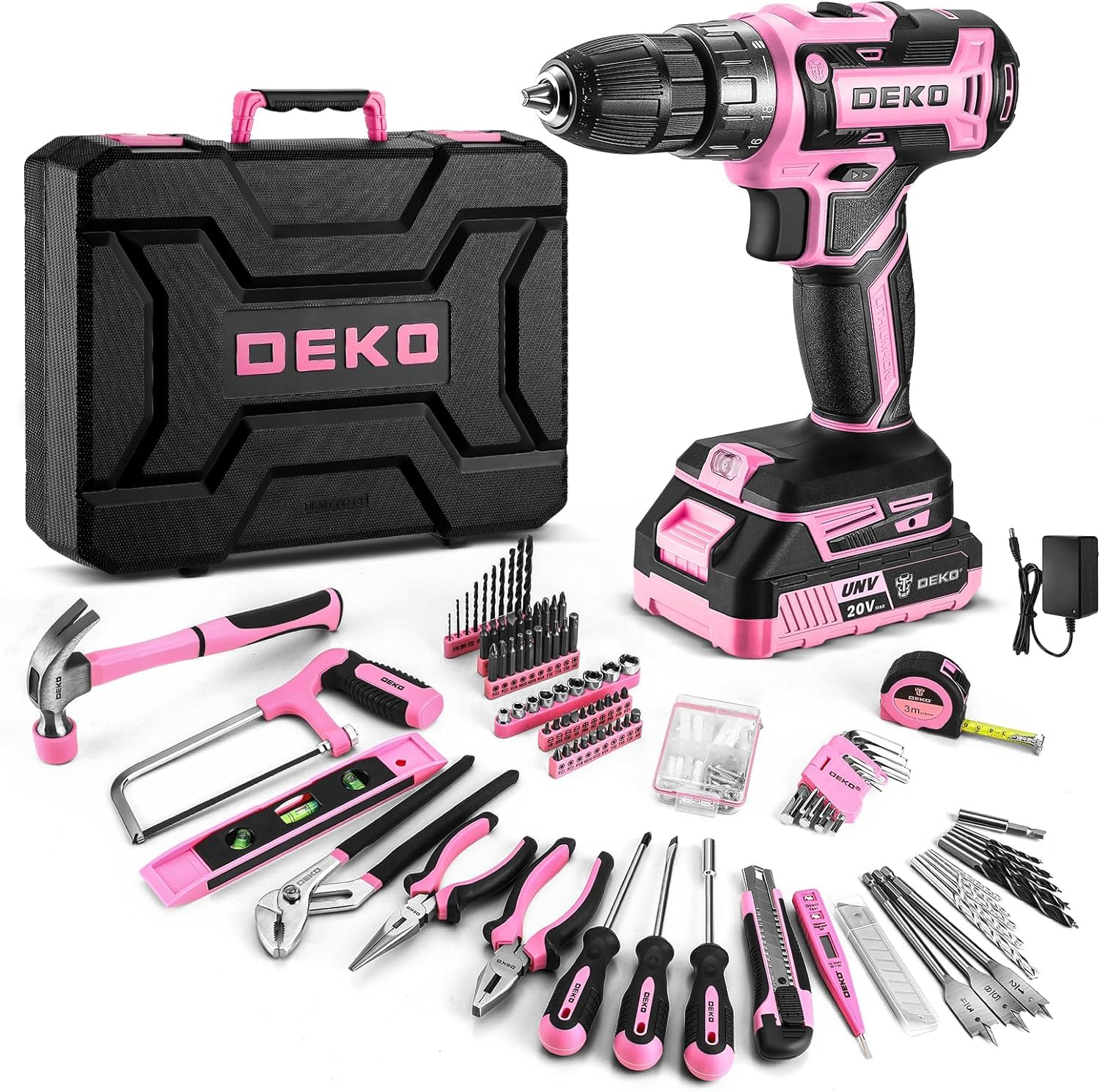DEKO Werkzeugkoffer 186-teilig mit Akku-Bohrschrauber 20 V rosa, Werkzeuge aus CR-V-Stahl