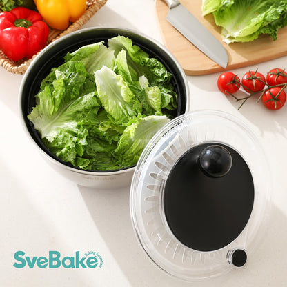 SveBake Salatschleuder Edelstahl 5L mit Stopptaste und Abflussloch