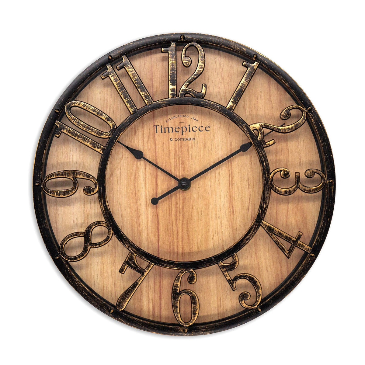 K&L Wall Art Vintage Wanduhr 50 cm lautlos in Holz-Metalloptik, rundes Zifferblatt mit arabischen Ziffern