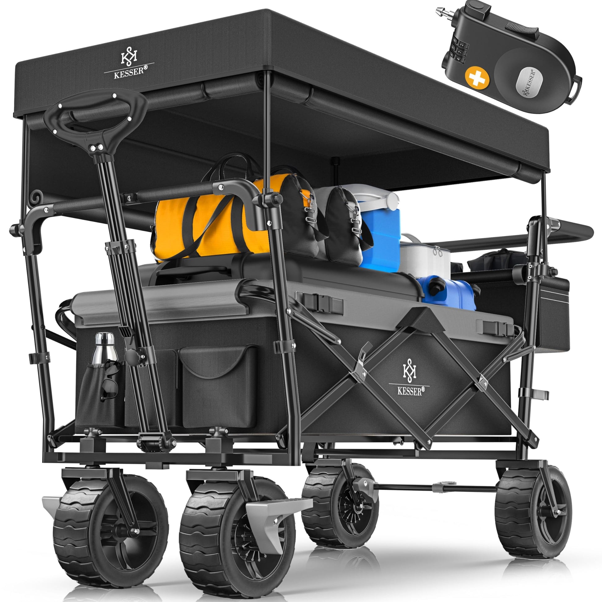 KESSER Bollerwagen GT9000 faltbar mit Dach – Hartgummi-Räder. Rechteckiger Lastenwagen für Transport von Lasten bei Ausflügen.