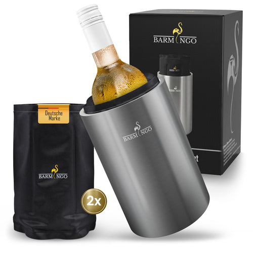 BARMINGO Weinkühler Edelstahl doppelwandig mit Kühlmanschetten, silber und matt, für Wein und Sekt
