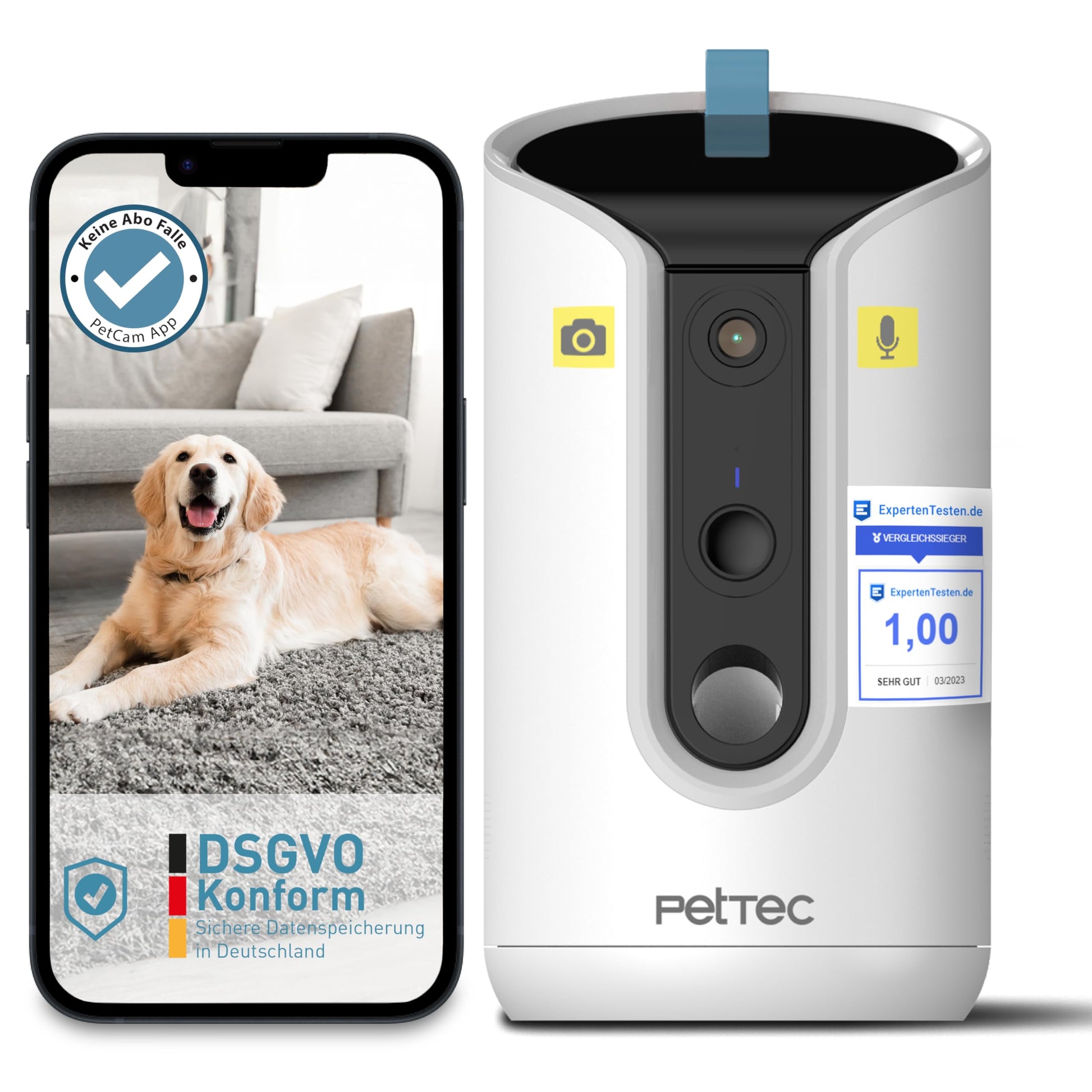 PetTec® Haustierkamera & Futterspender – 360° Leckerliauswurf: Zylindrische Kamera mit Leckerliauswurf zur Fernüberwachung und Belohnung von Haustieren.