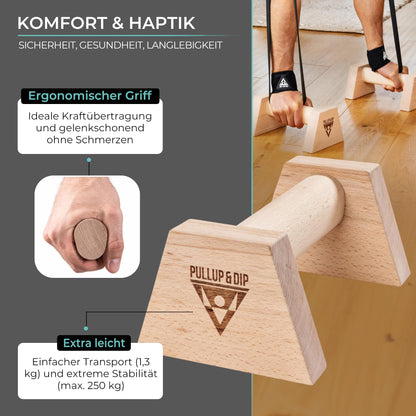 PULLUP & DIP Liegestützgriffe aus Buchenholz mit Handgelenkbandagen