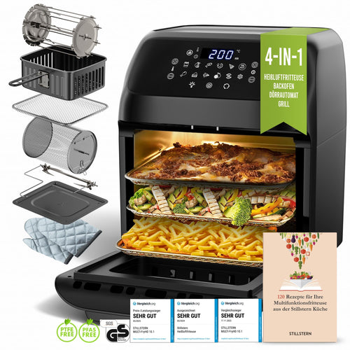 Stillstern Heissluftfritteuse XXL 12L Air Fryer ohne Öl: Schwarzes Küchengerät mit Digitalbedienung. Bereitet Speisen fettarm mit Heissluft zu.