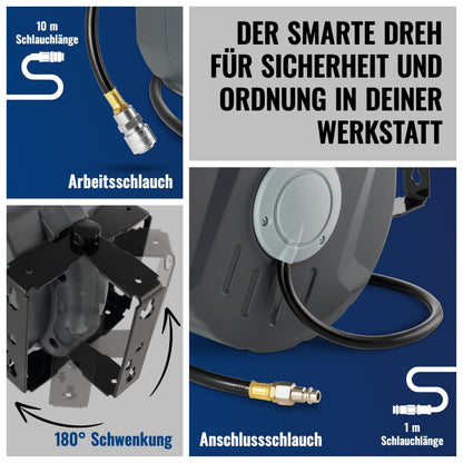 Poppstar Druckluftschlauchtrommel 10 m mit Automatik-Aufroller, grau