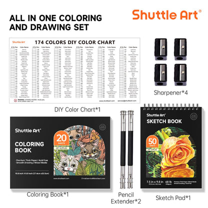 Shuttle Art Buntstifte Set 174 Farben mit Malbuch und Zubehör