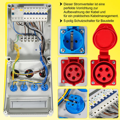 Herrselsam Baustrom Wandverteiler 32A/2x16A 4x230V LS/FI 5-polig