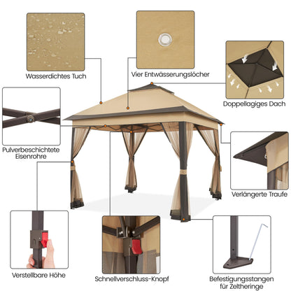 Yaheetech Faltpavillon 3,3x3,3 m wasserdicht mit Moskitonetz khaki