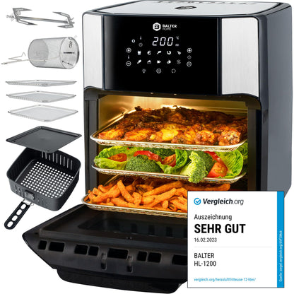 Balter Heissluftfritteuse Airfryer 12 Liter XXL HL-1200. Schwarzer Heissluftfrittierer zum fettarmen Garen von Speisen.