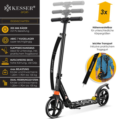 KESSER® Cityroller Scooter 205mm Räder PU Big Wheel - Pro-S Tretroller mit Doppel Federung, City-Roller Scooter klappbar und Höhenverstellbar, Inkl. Gurt, Roller Kickscooter für Erwachsene und Kinder