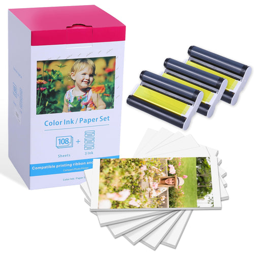 Aken KP-108IN Fotopapier und Kartuschen Set für Canon Selphy, 108 Blatt und 3 Farbkartuschen