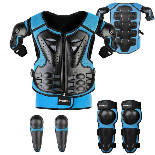 JUSTDOLIFE Kinder Motorrad Schutz Komplettset - Blau. Blaues Protektorenset. Schützt Kinder beim Motorradfahren.