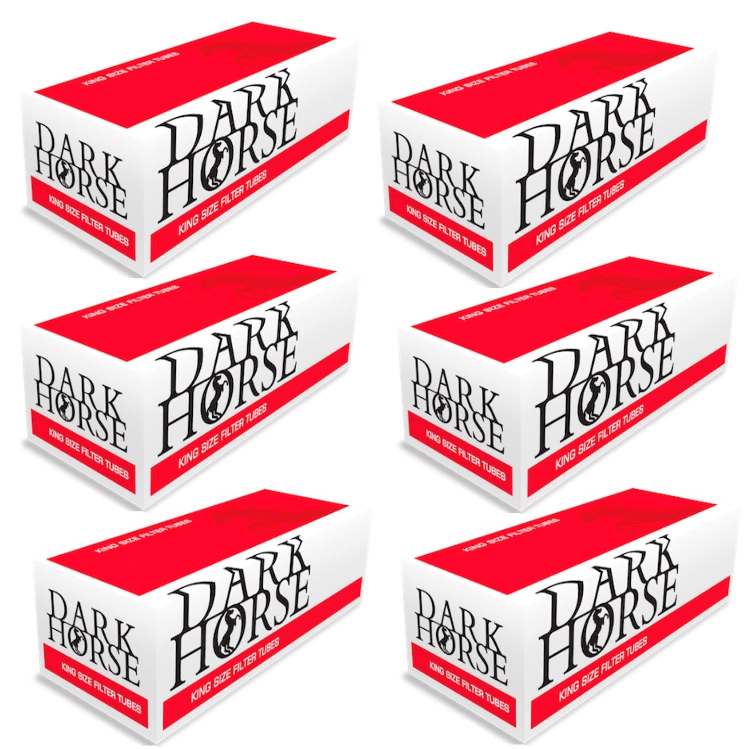 Dark Horse Zigaretten Filterhülsen mit Filter - 10000 Stück. Zylindrische, weiße Hülsen mit orange/braunem Filter zum Stopfen von Zigaretten.