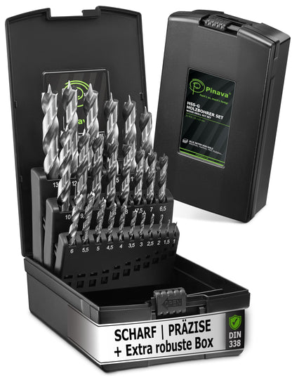 Pinava® Holzbohrer Set HSS-G 1-13mm – 25-teilig für Holz. Zylindrische Bohrer mit Spiralschneiden zum Holzbohren.